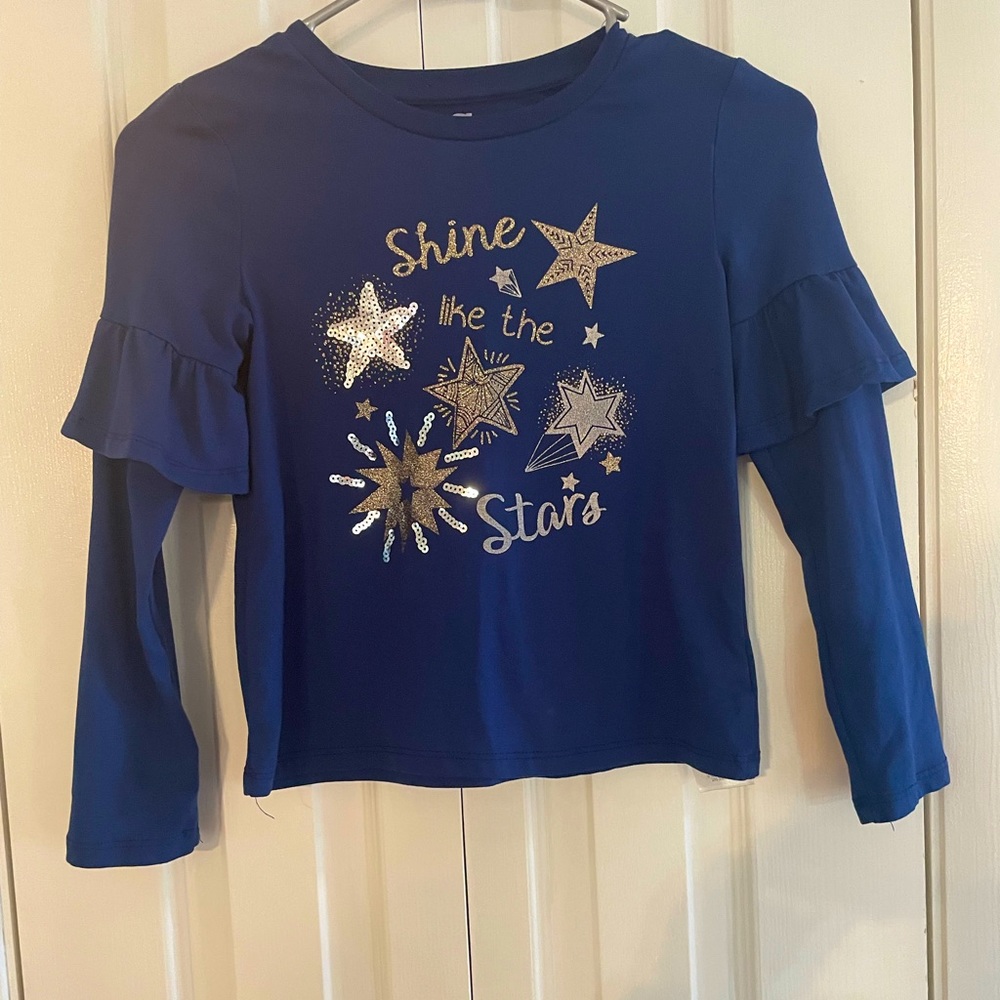 Aeropostale Girls Size 6X Metallic Sequins Stars Long Sleeve Navy Blue Top